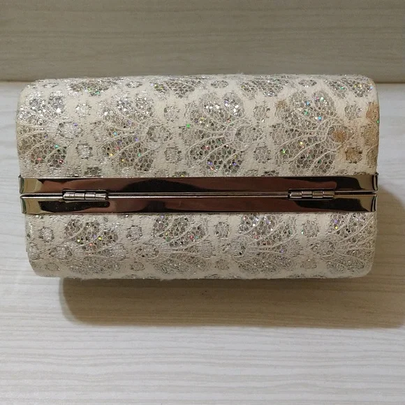 Wedding/Prom Clutch Bag with Corded White Lace, Rhinestones & Iridescent Sequins - Picture 4 of 8